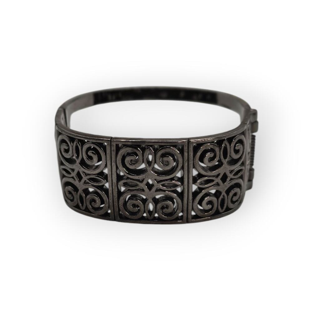 Dark Filigree Scrollwork Hinged Cuff Vintage Brac… - image 5